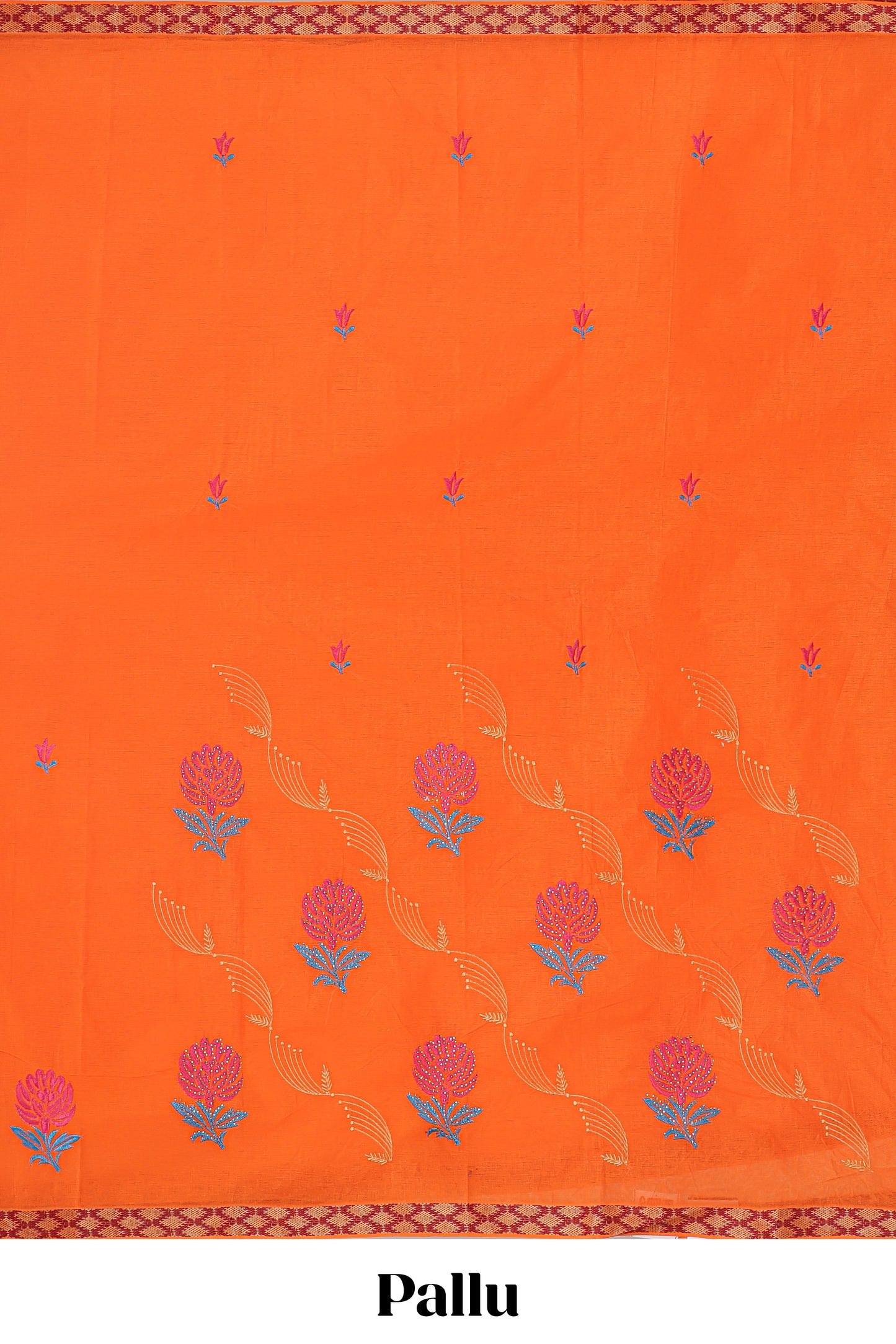 Orange floral embroidery butta bengal cotton saree with contrast border and matching pallu
