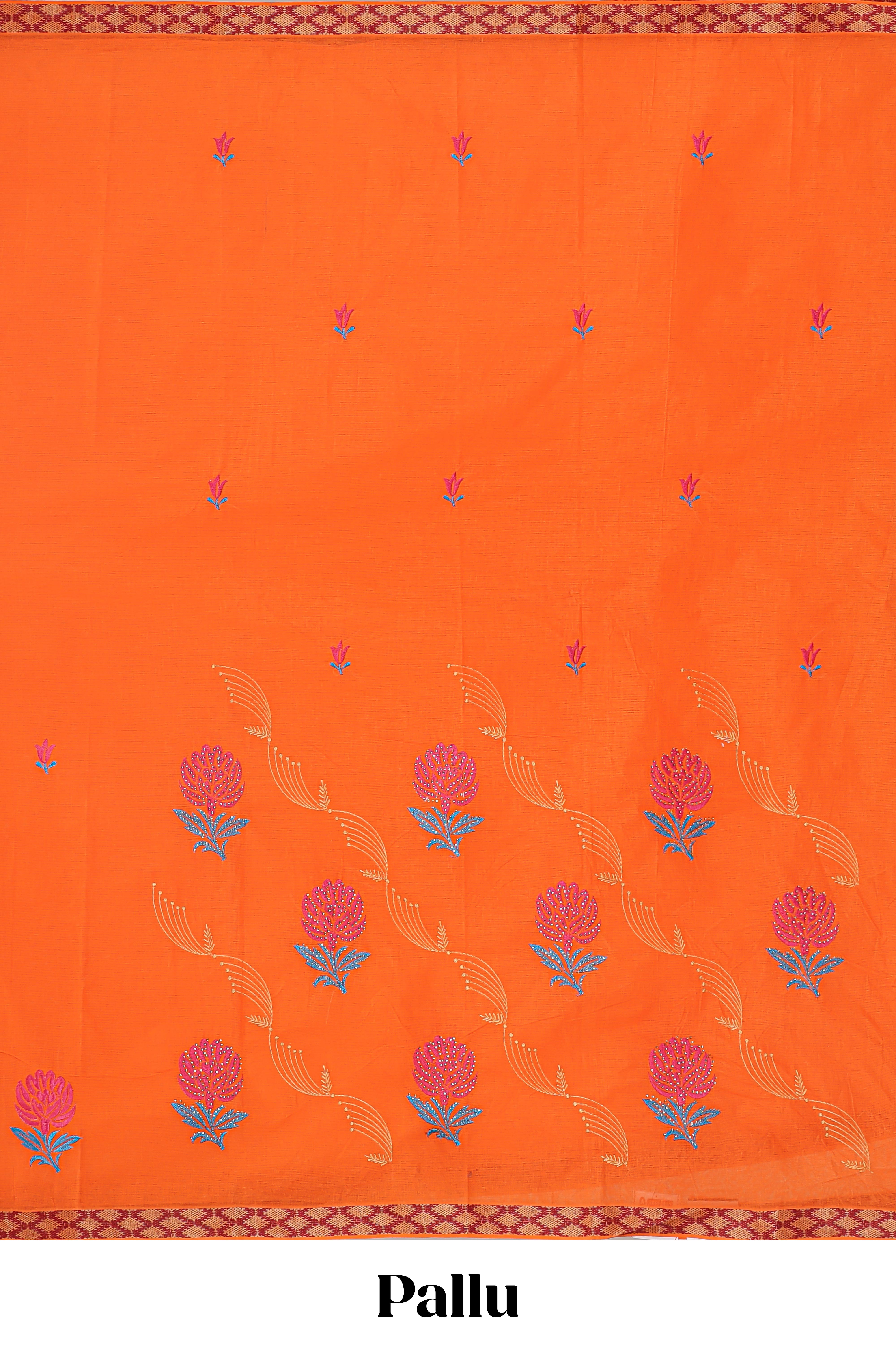Orange floral embroidery butta bengal cotton saree with contrast border and matching pallu