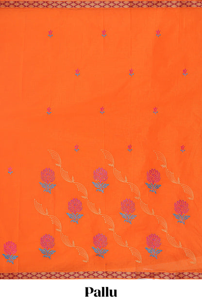 Orange floral embroidery butta bengal cotton saree with contrast border and matching pallu