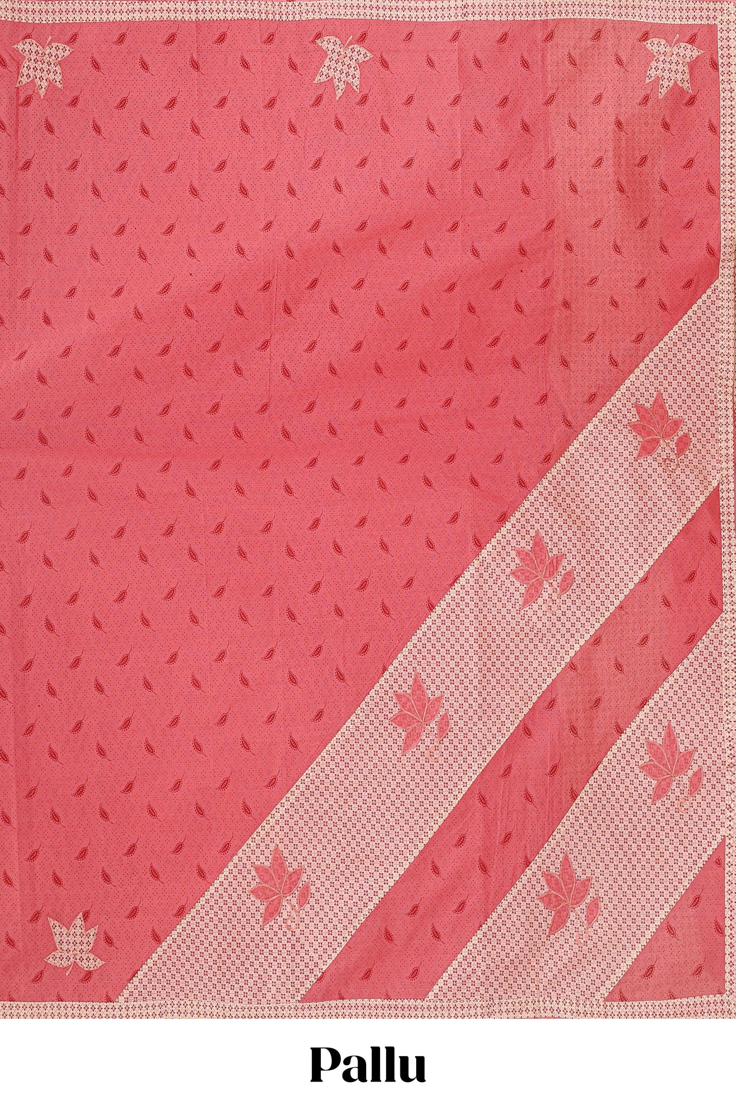 Pink leaf design bengal cotton saree with contrast border and matching pallu