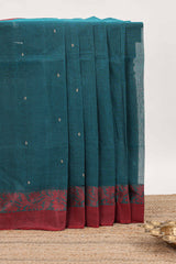 Midnight green butta design bengal cotton saree with contrast border and self striped pallu