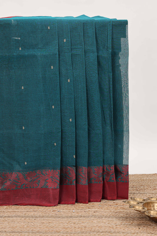 Midnight green butta design bengal cotton saree with contrast border and self striped pallu