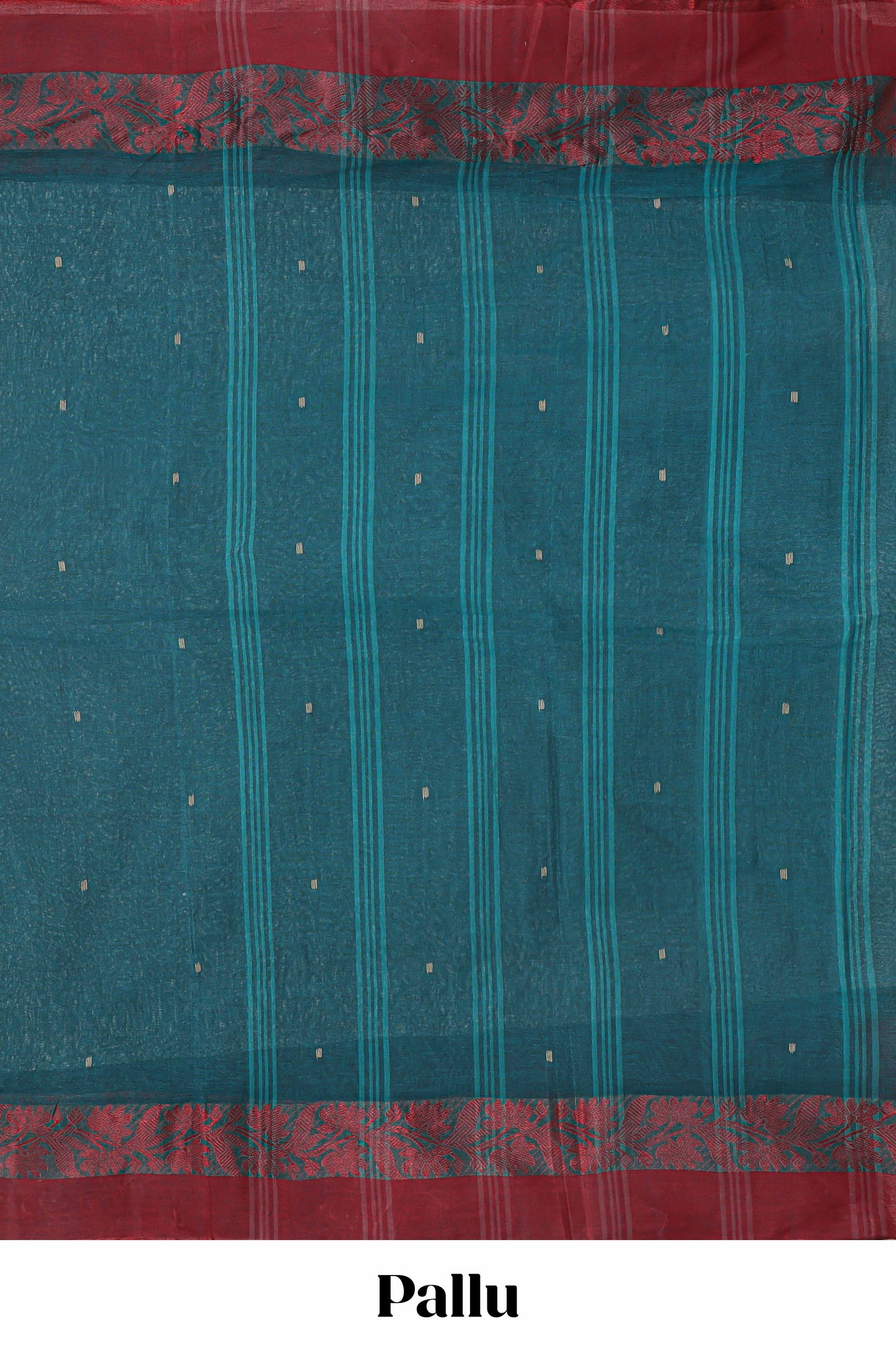 Midnight green butta design bengal cotton saree with contrast border and self striped pallu