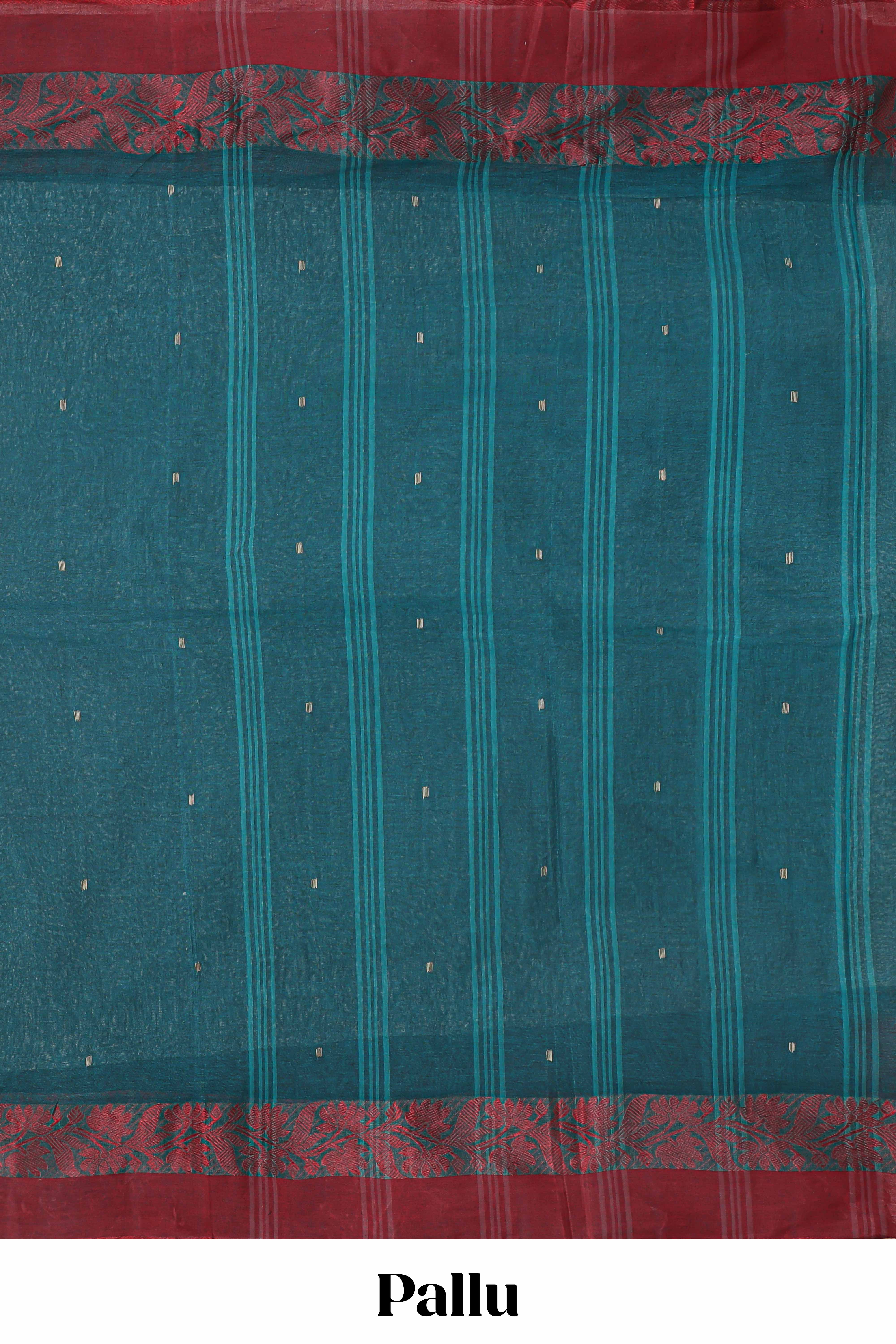 Midnight green butta design bengal cotton saree with contrast border and self striped pallu