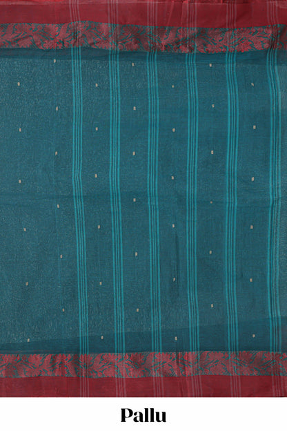 Midnight green butta design bengal cotton saree with contrast border and self striped pallu