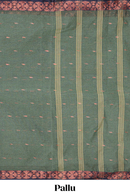 Dark green butta design bengal cotton saree with contrast border and matching pallu
