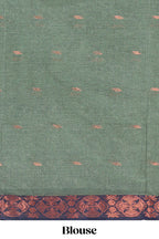 Dark green butta design bengal cotton saree with contrast border and matching pallu