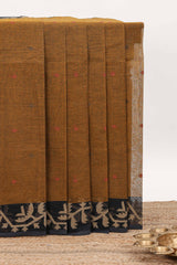 Bronze floral butta design bengal cotton saree with contrast border and matching pallu