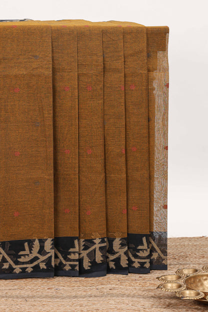 Bronze floral butta design bengal cotton saree with contrast border and matching pallu