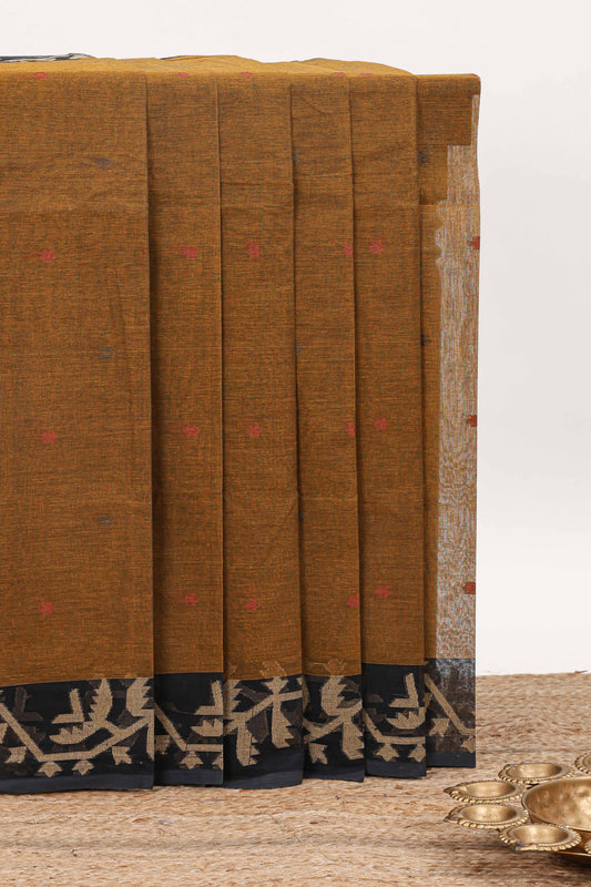 Bronze floral butta design bengal cotton saree with contrast border and matching pallu