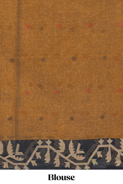 Bronze floral butta design bengal cotton saree with contrast border and matching pallu