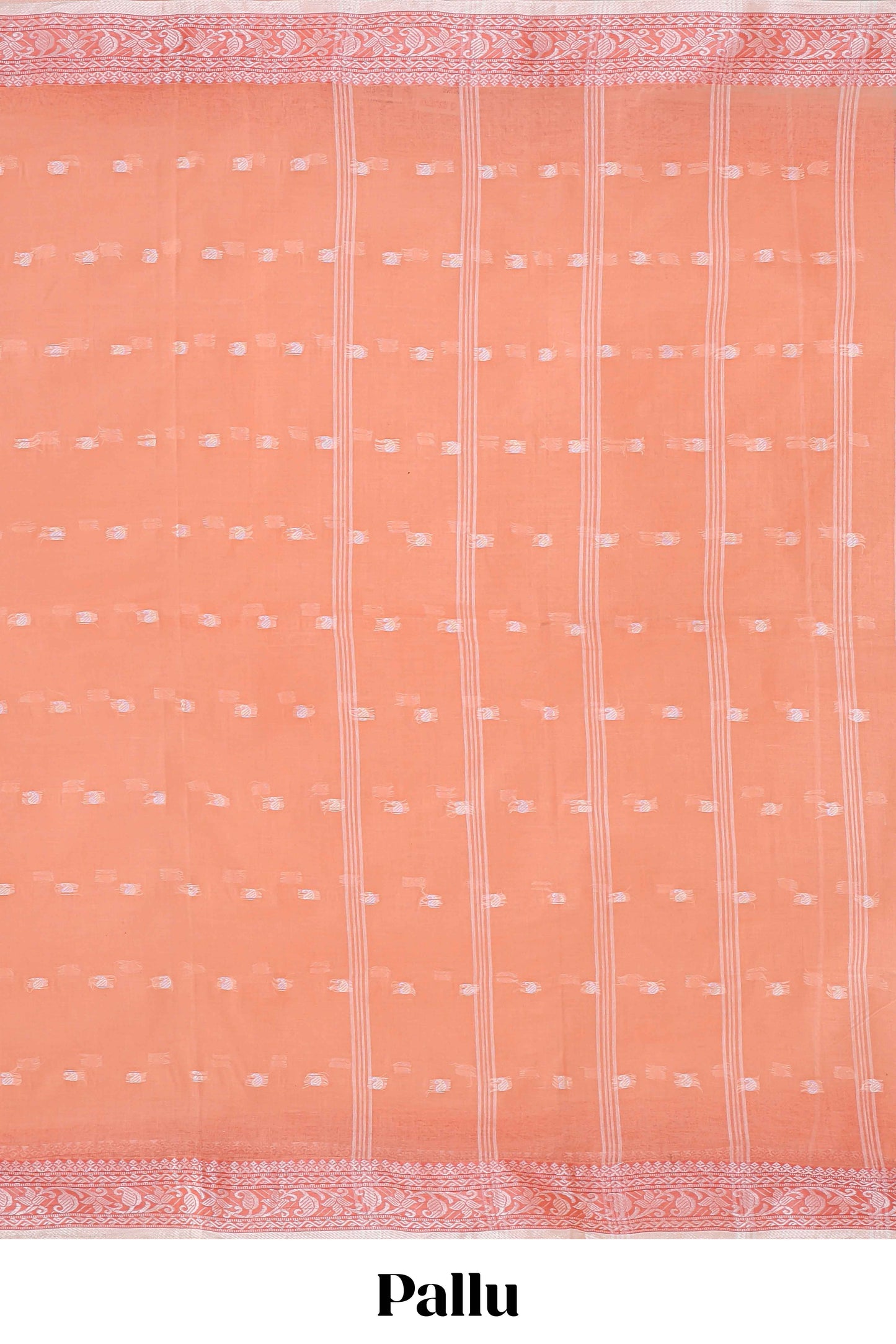 Soft peach butta design bengal cotton saree with self border and matching striped pallu