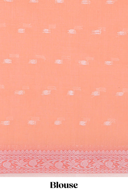 Soft peach butta design bengal cotton saree with self border and matching striped pallu