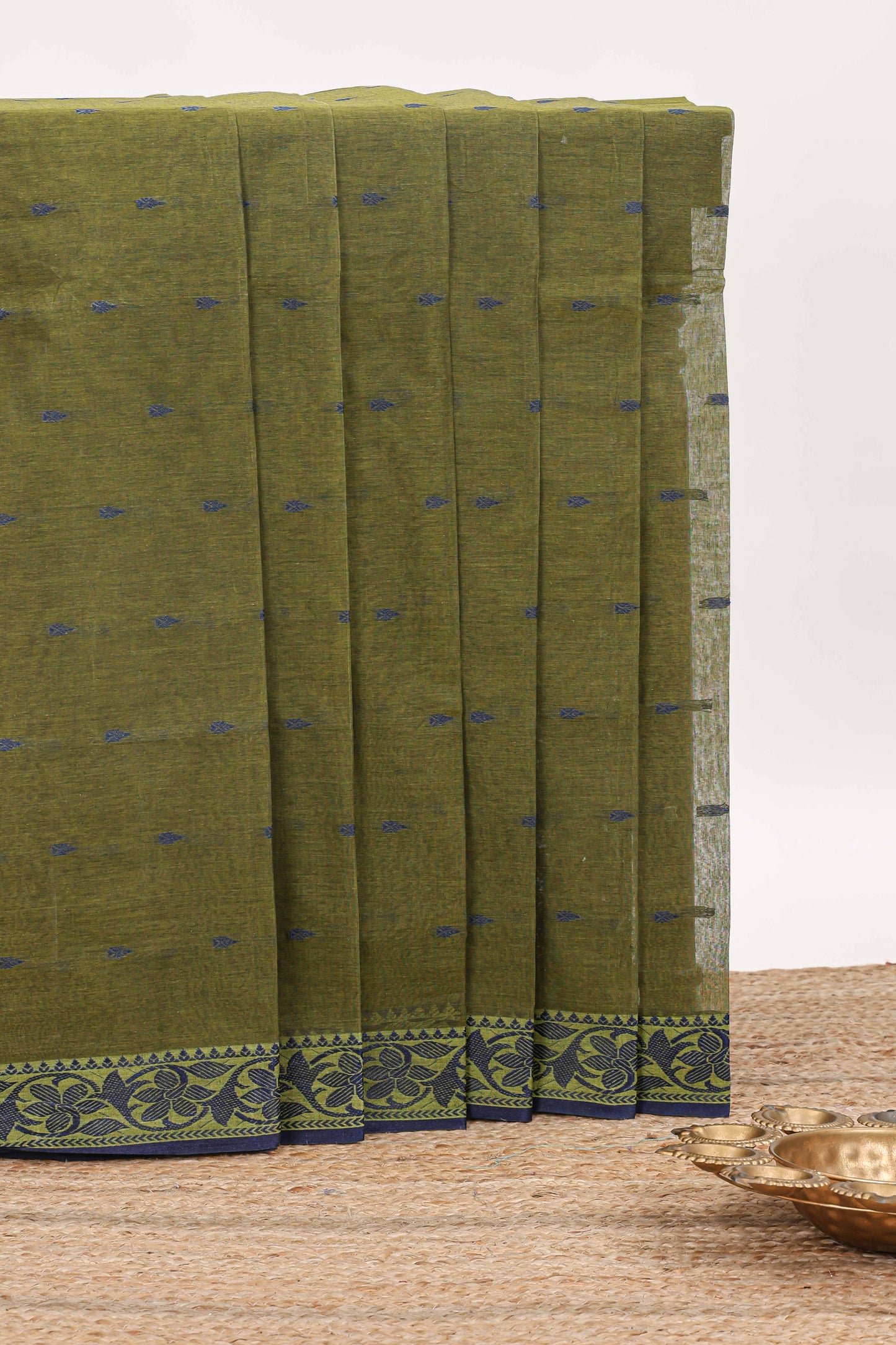 Olive green butta design bengal cotton saree with self border and matching striped pallu