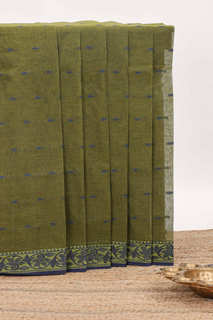 Olive green butta design bengal cotton saree with self border and matching striped pallu