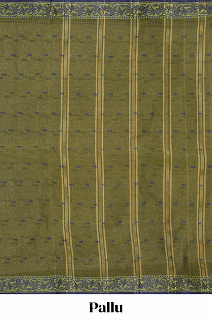 Olive green butta design bengal cotton saree with self border and matching striped pallu