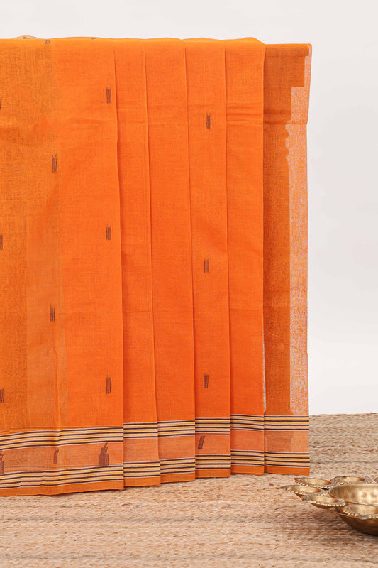 Orange butta design bengal cotton saree with self border and matching striped pallu