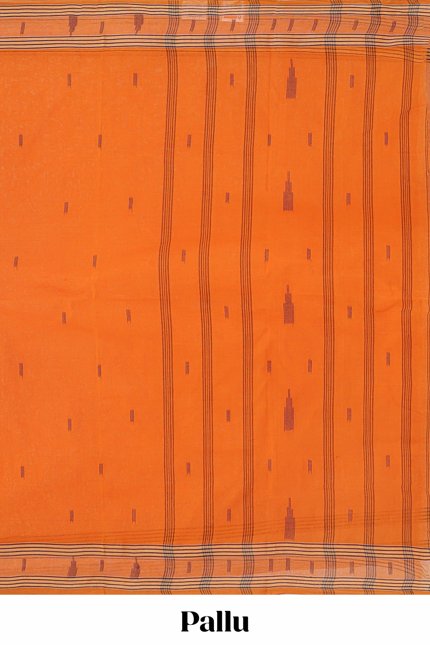 Orange butta design bengal cotton saree with self border and matching striped pallu