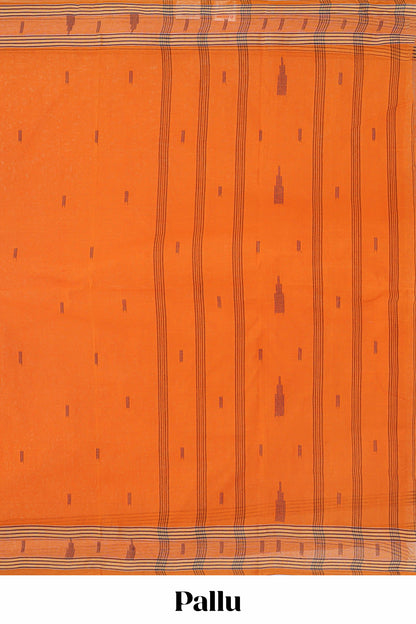 Orange butta design bengal cotton saree with self border and matching striped pallu