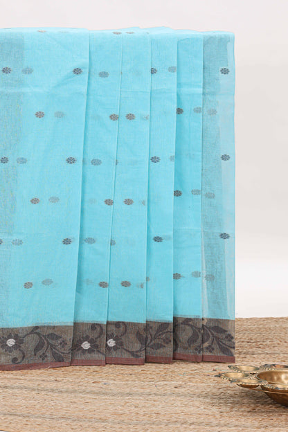 Blue butta design bengal cotton saree with contrast border and matching striped pallu