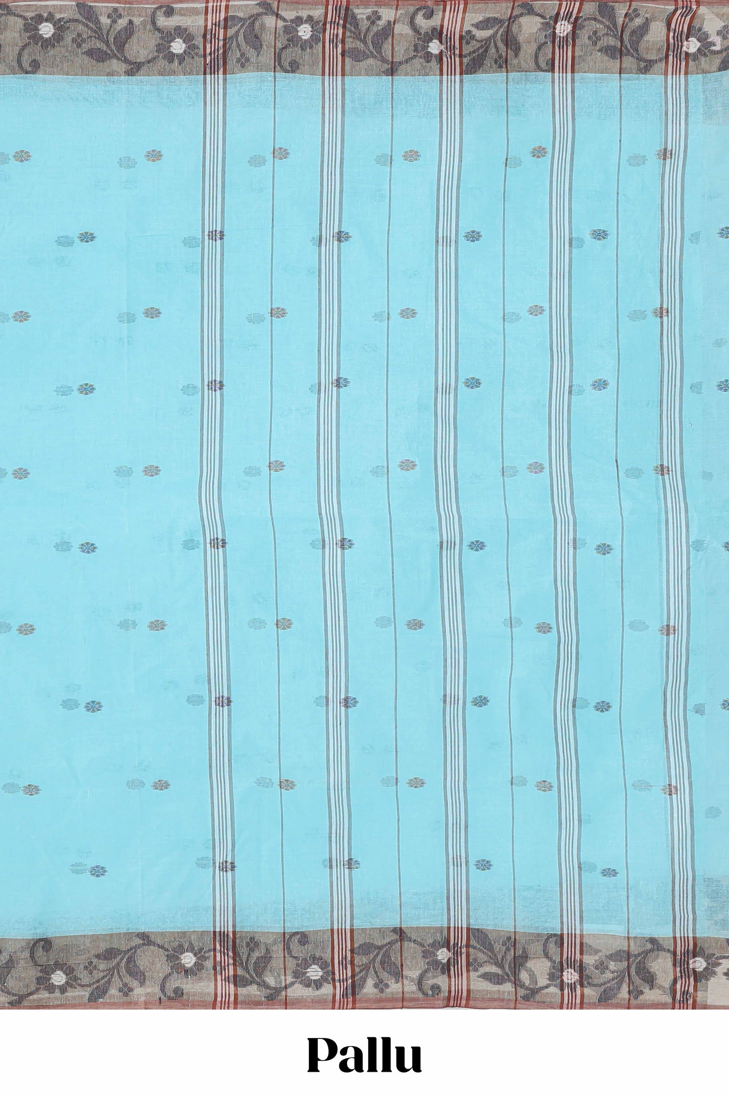 Blue butta design bengal cotton saree with contrast border and matching striped pallu