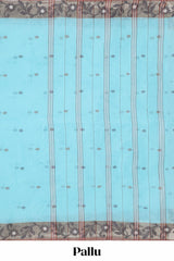 Blue butta design bengal cotton saree with contrast border and matching striped pallu