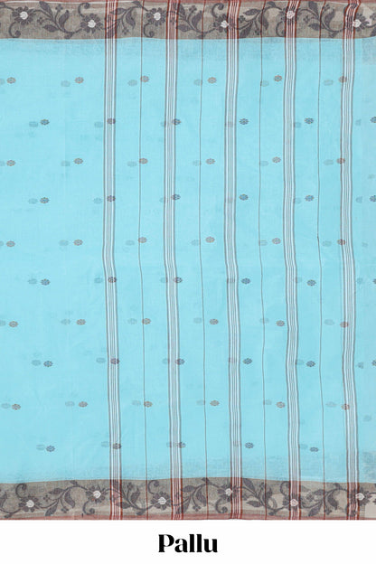 Blue butta design bengal cotton saree with contrast border and matching striped pallu