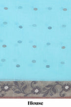 Blue butta design bengal cotton saree with contrast border and matching striped pallu