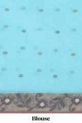 Blue butta design bengal cotton saree with contrast border and matching striped pallu