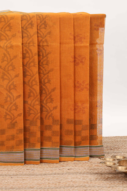 Orange floral design bengal cotton saree with self border and matching pallu