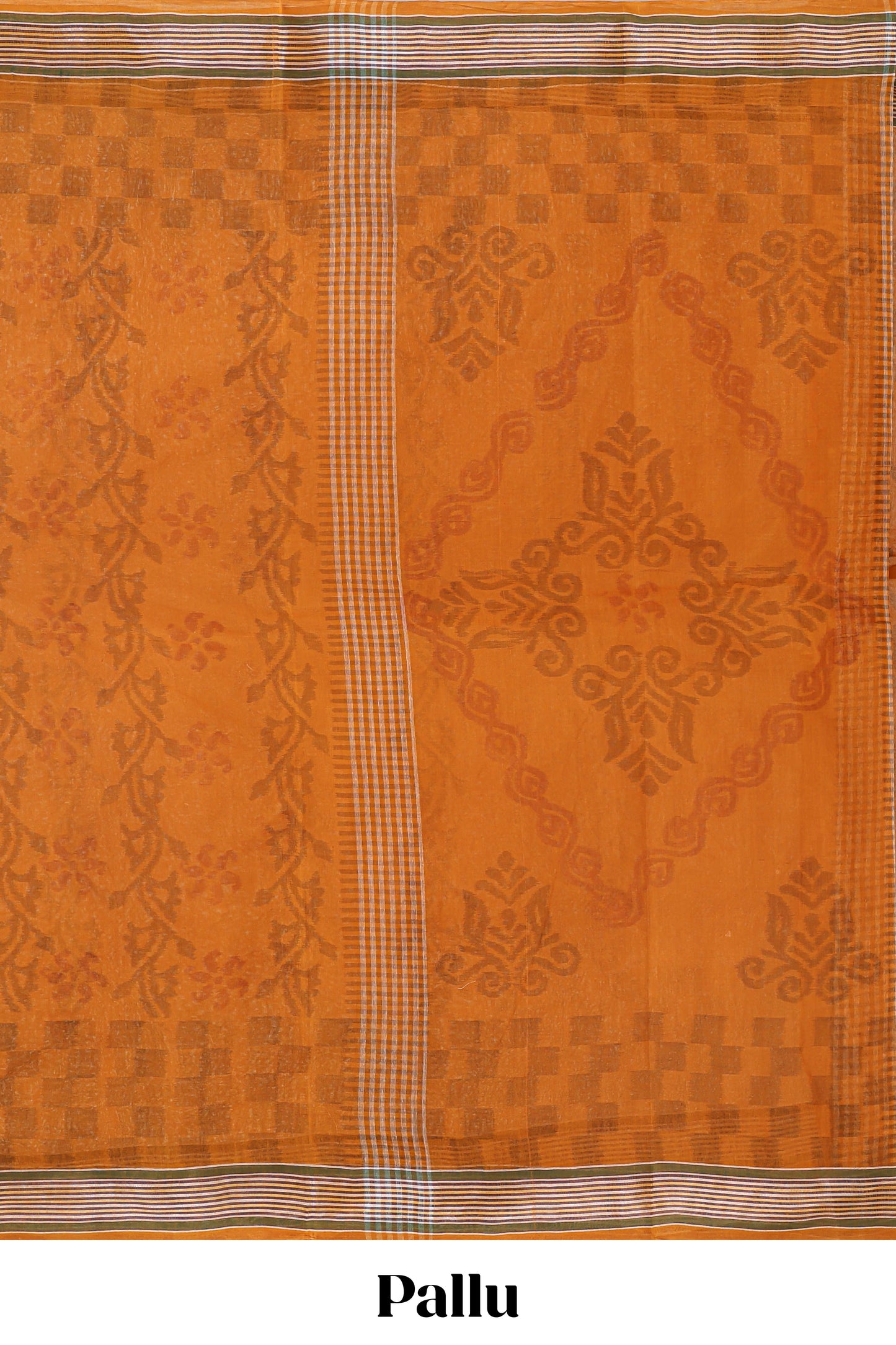 Orange floral design bengal cotton saree with self border and matching pallu