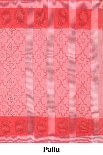 Pink geometric design bengal cotton saree with self border and matching pallu