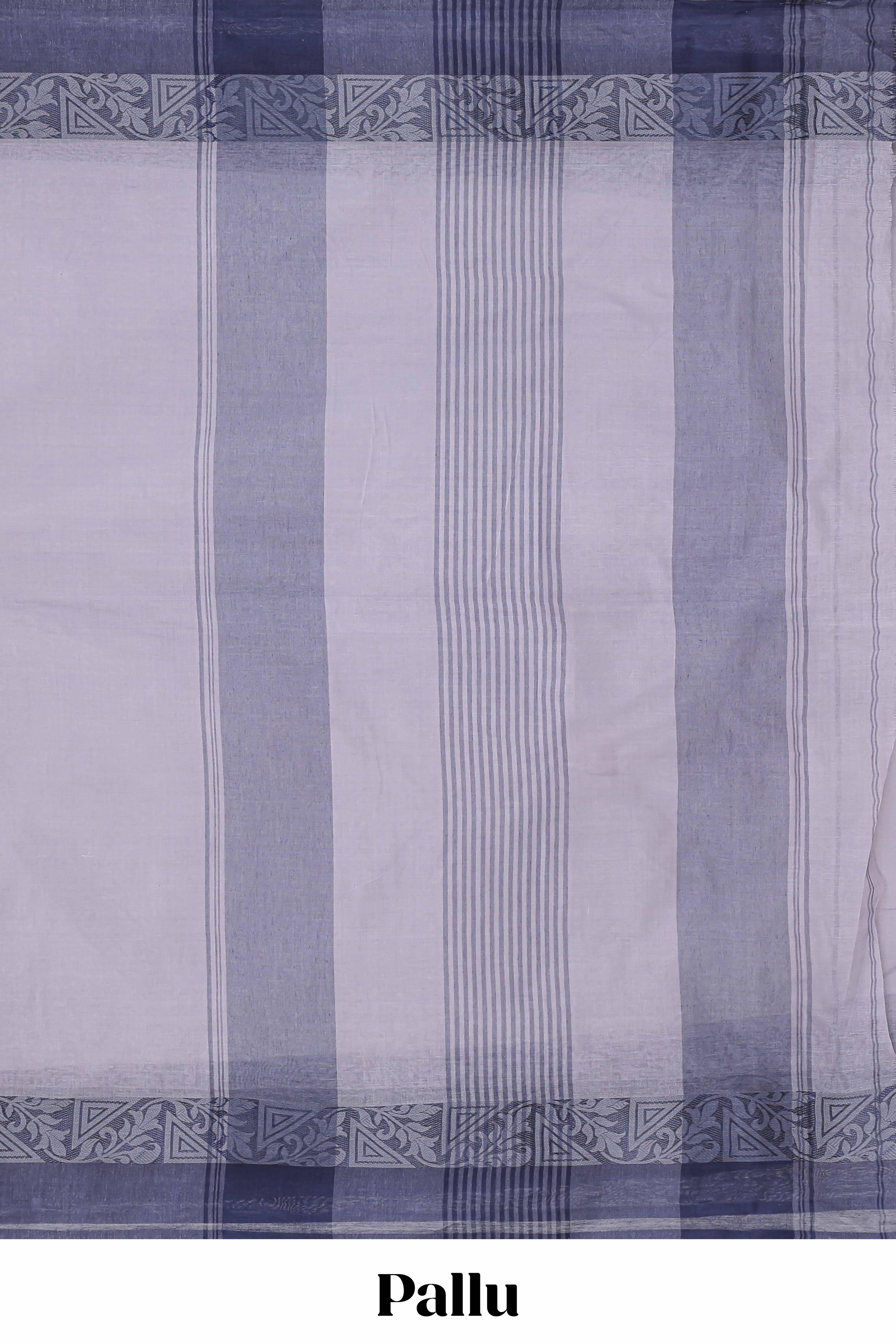 Lavender plain bengal cotton saree with contrast border and matching striped pallu