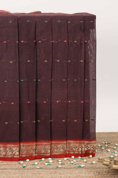 Brown butta bengal cotton saree with contrast border and striped pallu