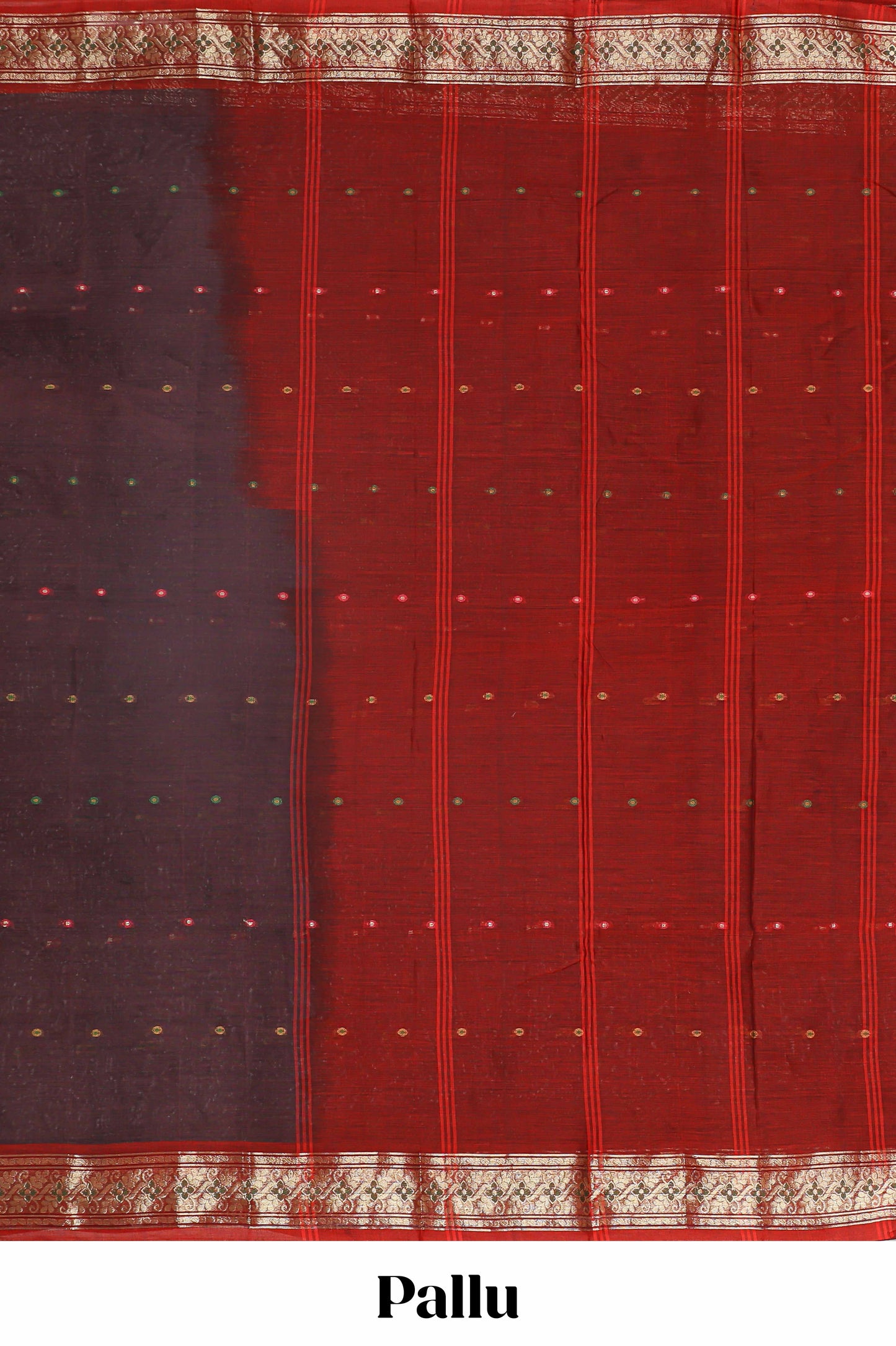 Brown butta bengal cotton saree with contrast border and striped pallu