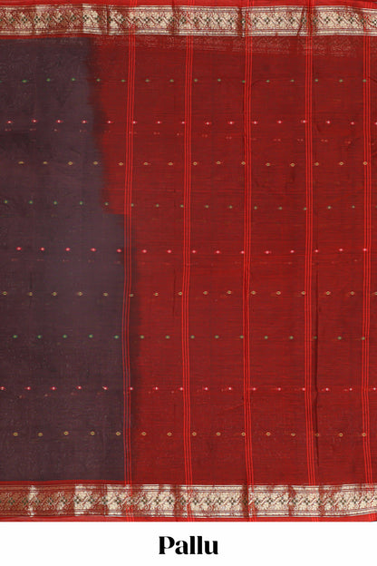 Brown butta bengal cotton saree with contrast border and striped pallu