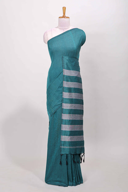 Borderless green plain south cotton saree with contrast striped pallu and matching blouse