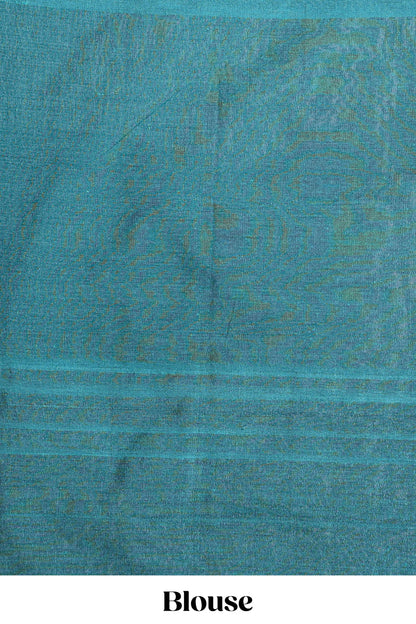 Borderless green plain south cotton saree with contrast striped pallu and matching blouse