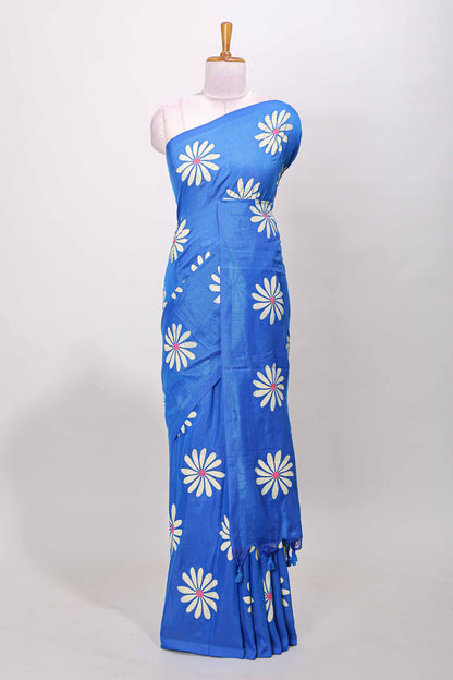 Borderless blue floral print south cotton saree with contrast printed blouse