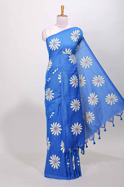 Borderless blue floral print south cotton saree with contrast printed blouse