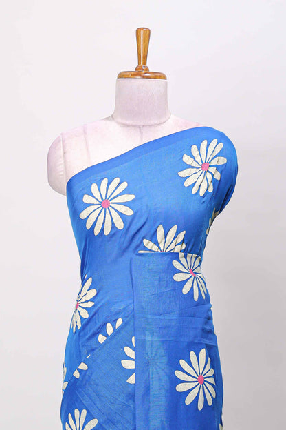 Borderless blue floral print south cotton saree with contrast printed blouse