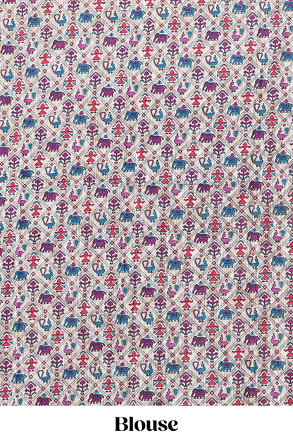 Borderless blue floral print south cotton saree with contrast printed blouse