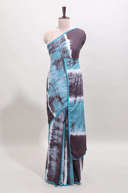 Blue and mauve shibori print mul mul cotton saree with scallop border and matching blouse