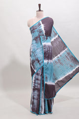 Blue and mauve shibori print mul mul cotton saree with scallop border and matching blouse