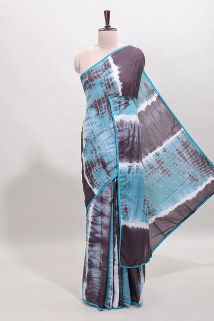 Blue and mauve shibori print mul mul cotton saree with scallop border and matching blouse