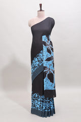 Black floral design mul mul cotton saree with self border and matching blouse