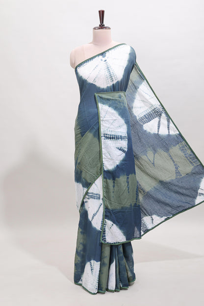 Borderless midnight blue shibori print mul mul cotton saree with contrast blouse