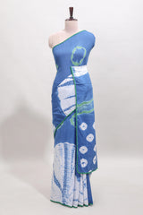 Borderless ocean blue shibori print mul mul cotton saree with contrast blouse