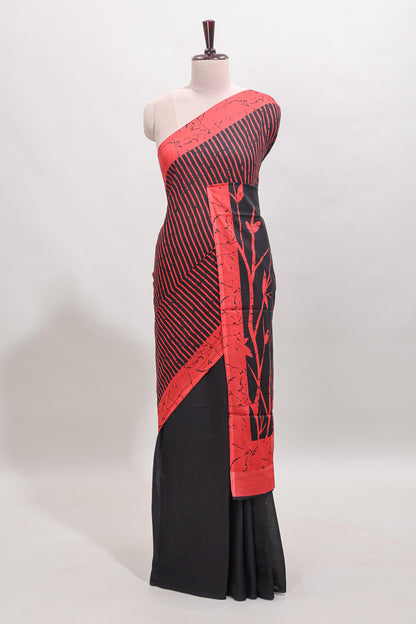 Borderless black striped mul mul cotton saree with matching blouse