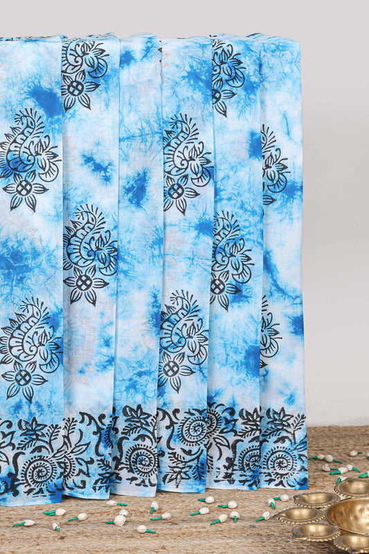 White with blue dye floral motifs mul mul cotton saree with self border and contrast blouse